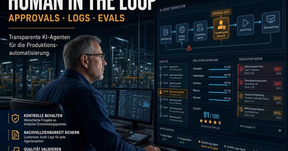 Human-in-the-loop AI agents dashboard showing approval gates, audit logs, eval metrics, and escalation controls for production automation