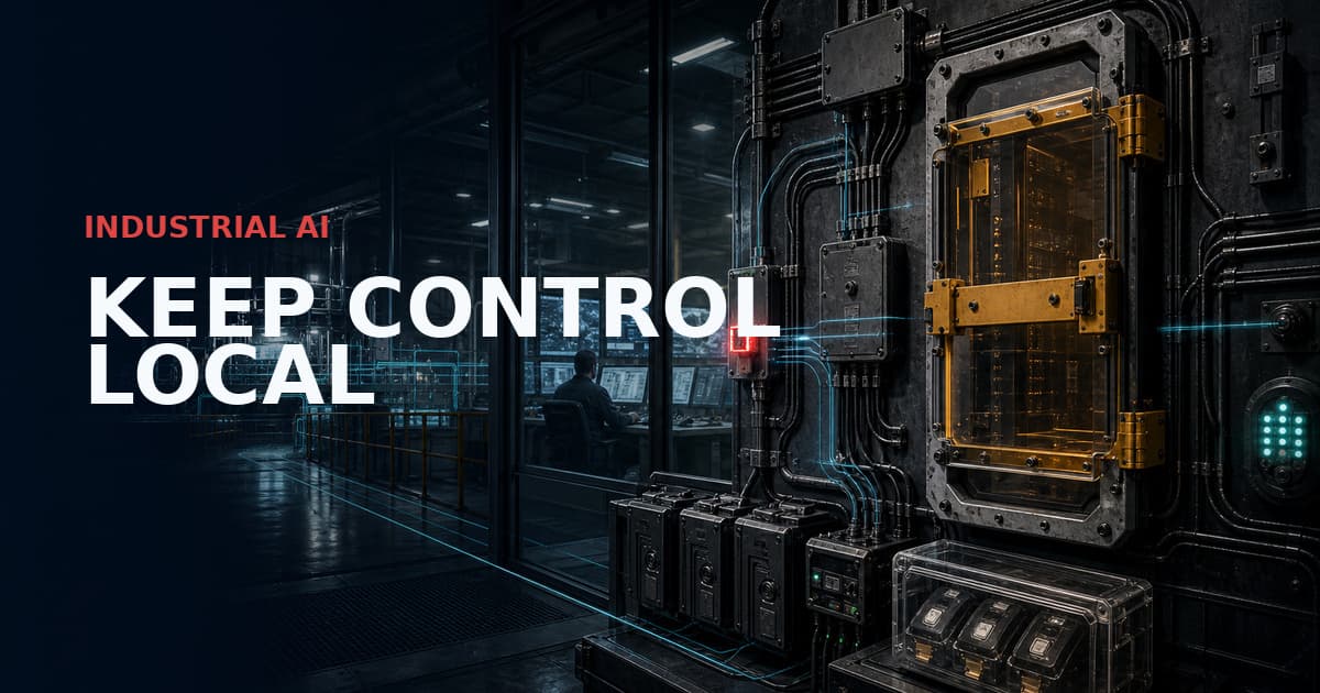 Industrial operations room with an amber-isolated local cable cabinet, cyan control linework and a human operator.