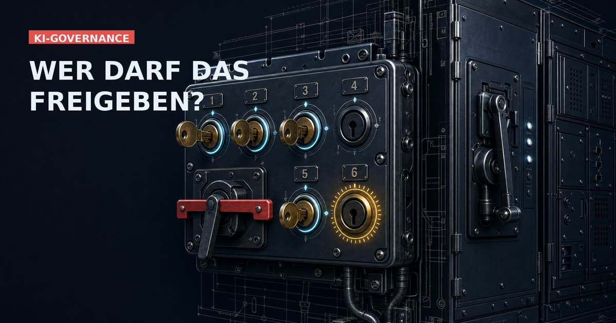 Industrielle Schlüssel-Interlock-Tafel vor einem Unternehmens-Schaltschrank: drei gedrehte, cyan-verifizierte Messing-Fähigkeitsschlüssel, ein leeres Schlüsselloch mit rotem Verriegelungsriegel vor dem Bedienhebel und ein goldener Ablaufwarnring.