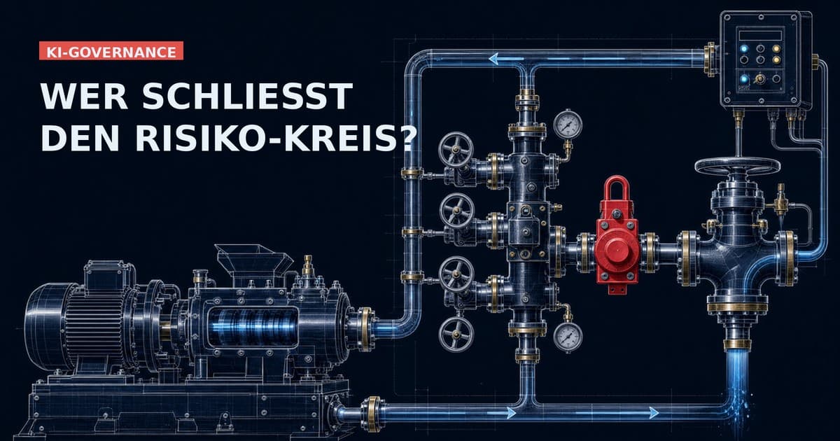 Dunkle technische Illustration einer geschlossenen industriellen Risiko-Rückkopplungsschleife: Eine laufende Produktionsmaschine gibt ein Feldsignal über einen Triage-Verteiler zurück; eine rote Verriegelung stoppt die Leitung vor dem Freigabeschieber, der die validierte Änderung zurückführt.