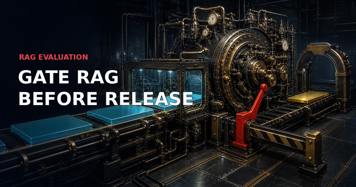 Dark technical sketchnote of a brass-and-steel RAG quality-testing machine: blank cyan evidence plates pass through an inspection chamber and verification drum toward a gold release gate, stopped by one red interlock. Text reads “RAG EVALUATION — GATE RAG BEFORE RELEASE”.