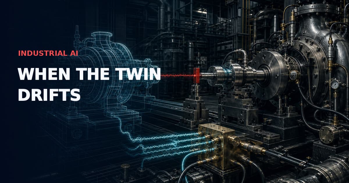 Dark industrial technical illustration of a physical steel pump aligned with its cyan wireframe digital twin through live sensor traces and a single red drift interlock. Text reads “INDUSTRIAL AI — WHEN THE TWIN DRIFTS”.