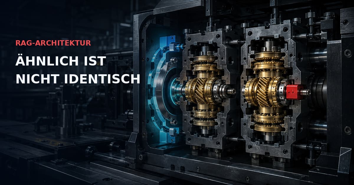 Dunkle industrielle Präzisionsvorrichtung mit zwei ähnlichen goldenen Zahnradkartuschen, cyanfarbener Passungsprüfung und roter Sperre. Text: RAG-ARCHITEKTUR — ÄHNLICH IST NICHT IDENTISCH.