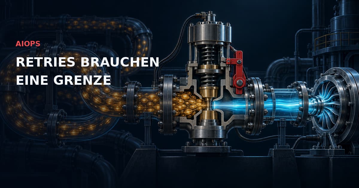 Dunkler industrieller Schnitt eines Druckregelventils mit zirkulierenden goldenen Impulsen, roter Verriegelung und nachgelagerter cyanfarbener Turbine. Text: AIOPS — RETRIES BRAUCHEN EINE GRENZE.