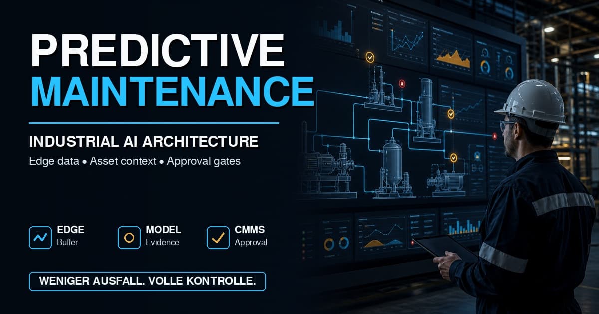 Predictive Maintenance industrial AI architecture cover with bold readable title, dark control-room dashboard, cyan workflow lines, approval checkpoints, and a maintenance operator on the right