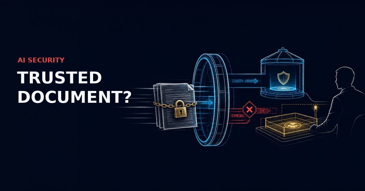RAG prompt injection control: an operator supervises a locked document passing through a retrieval gate while a red alert diverts untrusted instructions to quarantine.