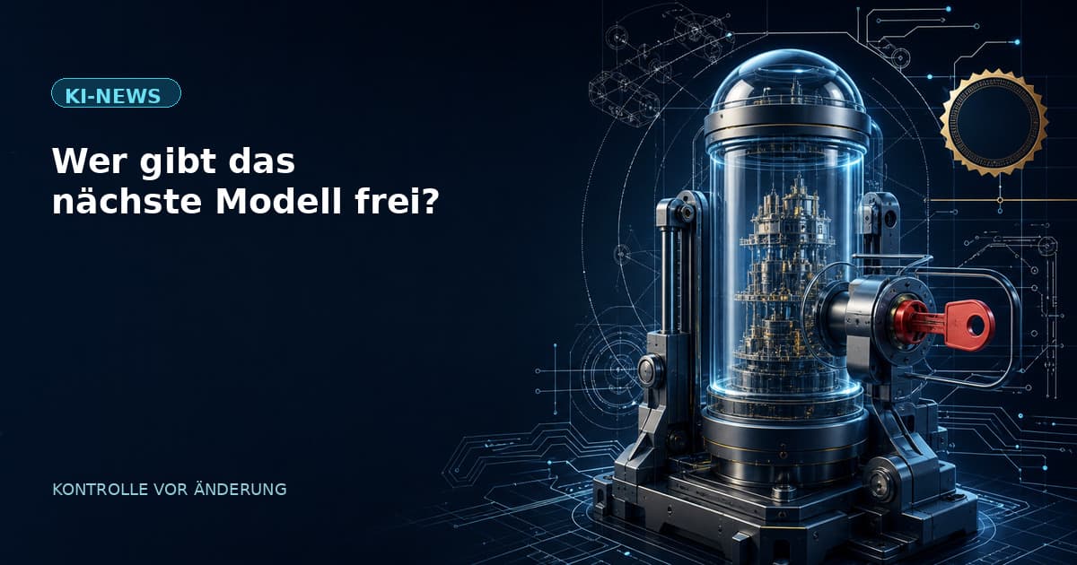 Redaktionelle Illustration einer gesicherten Modellfreigabe-Kapsel mit menschlichem Freigabeschlüssel für kontrollierte KI-Modelländerungen.